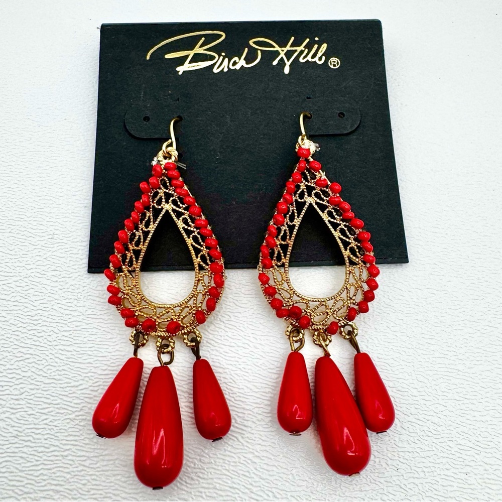 🟢 5/$20 NEW Red Gold Teardrop Earrings Boho Filigree Hook Drop Dangle Beaded NWT